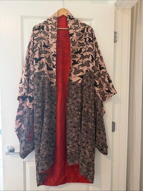 Women's Patterned Open Front Kimono - Pink & Black